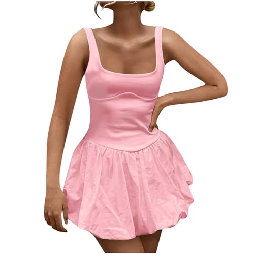 Women's Mini Dresses Tennis Skirts 2024 Fashion Patchwork Solid Color Sleeveless Sports Tank Dress Beach Sundress Pink Large