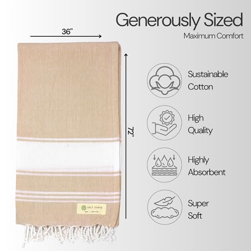 Salt Earth Cotton Turkish Beach Towel, Set of 2-36" X72" Large Bath Towels, Quick Dry Towel, Bathroom, Beach Essentials, Gym, Quick Dry for Shower, Lightweight Large Towels for All (Beige)