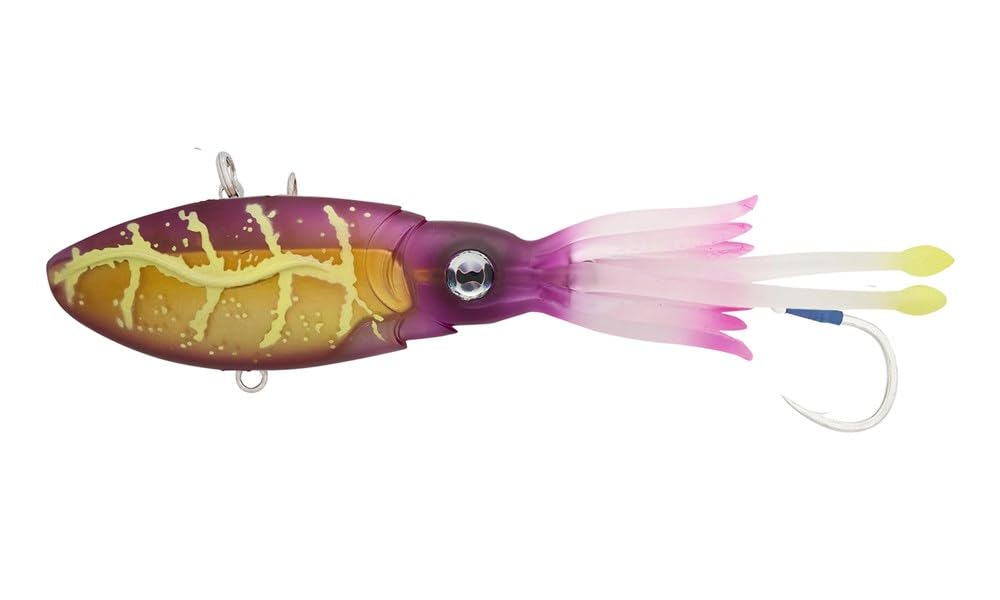 Nomad Design Squidtrex Patented Vibrating Fishing Lure- Scent Added TPE Soft Plastic Lure for Saltwater w/Strong BKK Assist Hooks, Fishing Bait that catches many species, 170mm, 8 3/4oz- Purple Bandit