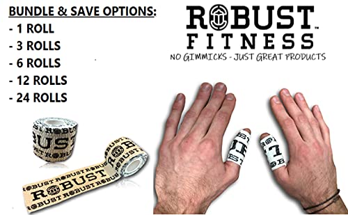 ROBUST FITNESS Weightlifting Hook Grip Tape | Adhesive Stretch Athletic Thumb & Finger Tape | Sticky, Stretchy, Flexible, Easy Tear | Olympic Weightlifting | Cross-Training (24 Rolls, White/Black)