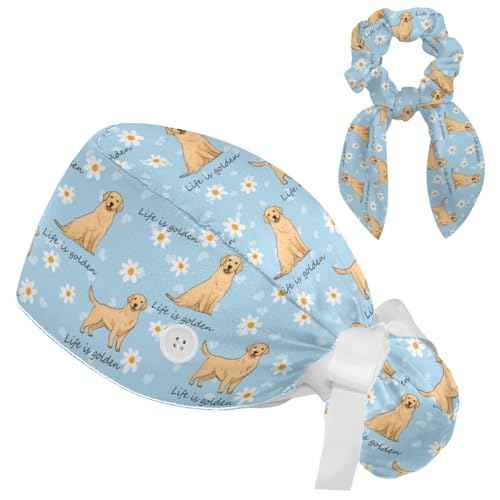 Scrub Caps Women, Surgical Caps with Buttons, Ponytail Nurse Hat, Bouffant Scrub Hats with Hair Scrunchy Adjustable, Dogs Golden Retriever Cartoon Animal Cute Summer Daisy Flower Blue