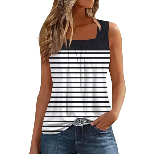 Womens Sleeveless Shirt Ladies Tops, Sleeveless Tunic Party Summer Tank Tops Ladies Classic Soft Trendy Stripes Tank Tops Comfy Camisole Square Neck Blouse Black