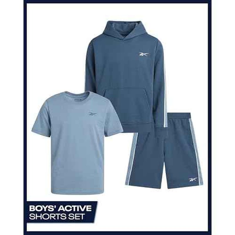 Reebok Boys' Active Shorts Set - 3 Piece Performance Mesh Hoodie Sweatshirt, Gym Shorts, and T-Shirt - Activewear Set (8-12)