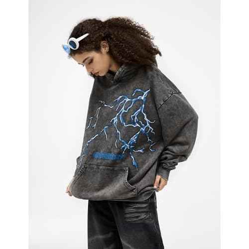 Aelfric Eden Mens Lightning Graphic Hoodies Print Oversized Unisex Streetwear Vintage Hoodie Y2k Sweatshirt Pocket Pullover