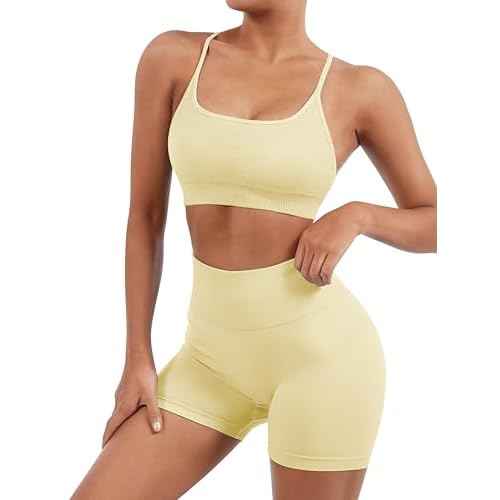 SUUKSESS Women Seamless Workout Sets Strappy Sports Bra High Waist Booty Shorts Outfits