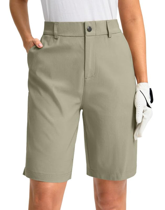 G Gradual Women's Golf Shorts with Pockets 9'' Knee Length Stretch Quick Dry Bermuda Long shorts for Women Casual Work(Light Khaki,XL)