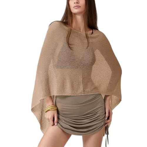 Women Sheer Knit Poncho Y2k See Through Shrug Crochet Mesh Cover Up Lightweight Asymmetrical Beach Shawl Cape Top