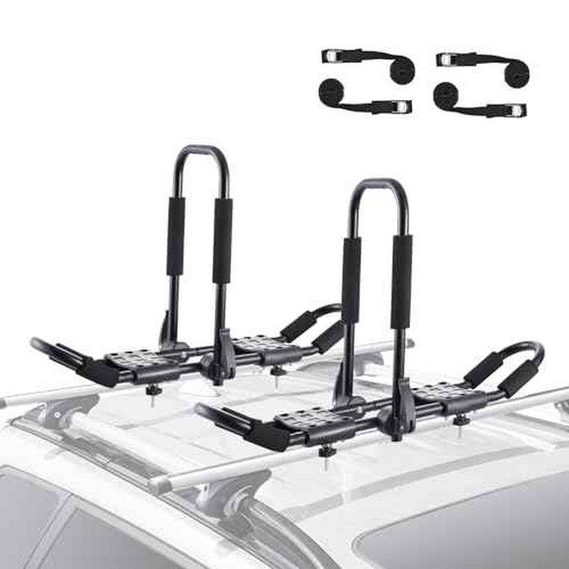 VEVOR Kayak Roof Rack 1 Pair J-Bar, Folding Soft Roof Rack with 4 Pcs Tie Down Straps, Top Mount Tie Down, Carrier for Kayak Surf Board Canoe SUP Ski Board, Mount on Car SUV Truck 2 Kayaks Crossbar