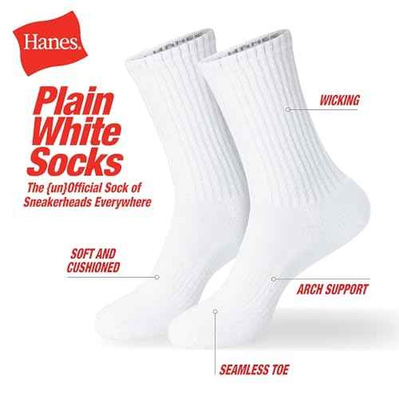 Hanes Unisex Plain White Socks Pack or Plain Black Socks Pack, Men's, Women's & Teen Sizes, Crew and Ankle 6-Packs