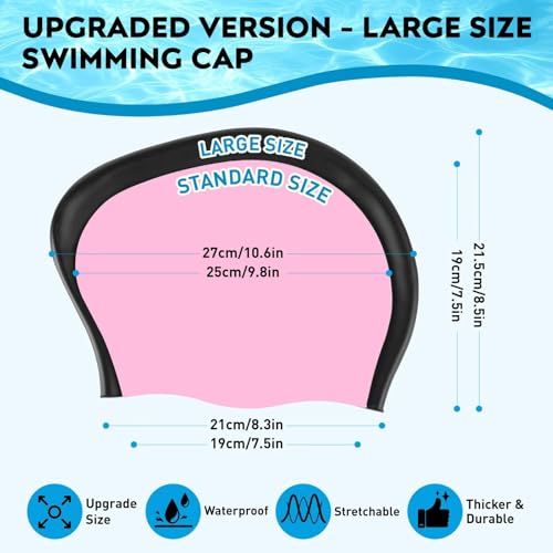 2 Pack Large Swim Caps for Long Hair, Silicone Swimming Cap for Adult Women Men, Waterproof Swim Hats Bathing Caps to Keep Hair Dry with Bonus Nose Clip and Earplugs