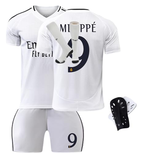 Boys Real Bellingham Madrid #5 Kids Soccer Jersey Kit Home Youth Soccer Jersey Shorts Socks knee pads Set (Home Mbappə#9, 12-13 Years)