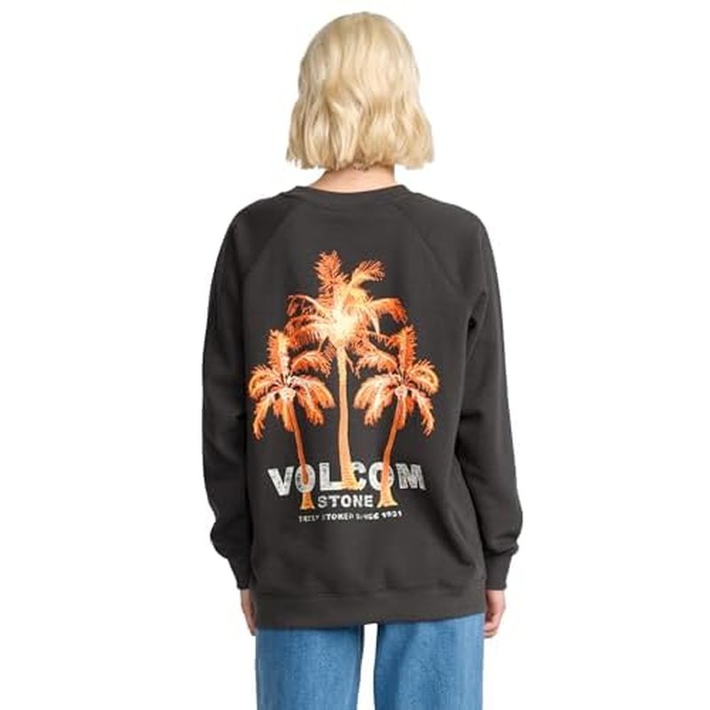 Volcom womens Boyfriend Crew Fleece Sweatshirt ? Raglan Sleeve Boyfriend Fit Crewneck With Chest Screenprint