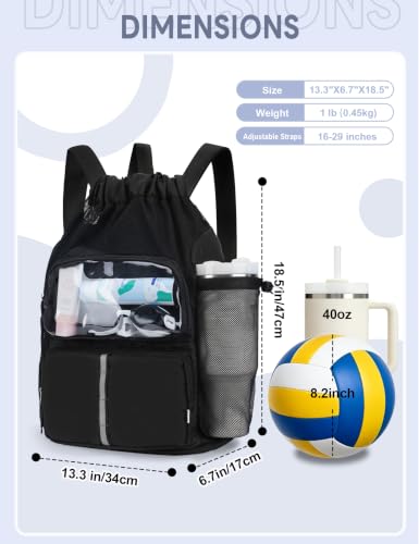 RHDZO Black Drawstring Beach Backpack with Wet Pocket & Shoe Compartment