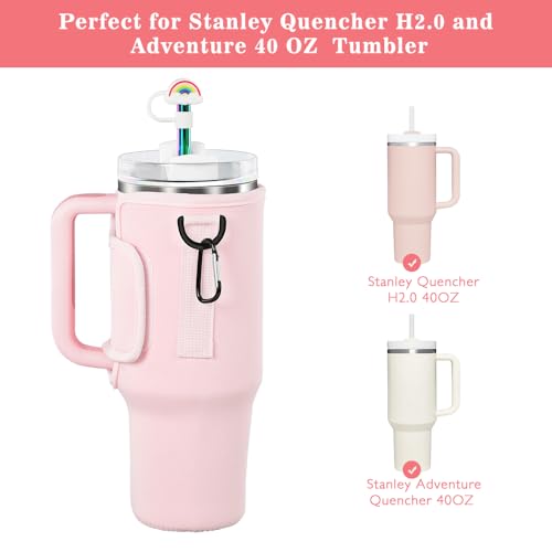 3 in 1 Water Bottle Carrier Bag with Pouch Pocket fits Stanley 40 oz Tumbler, Water Bottle Holder with Strap for Stanley Cup Accessories with Stainless Steel Straws, Straw Cover, Spill Proof Stoppers