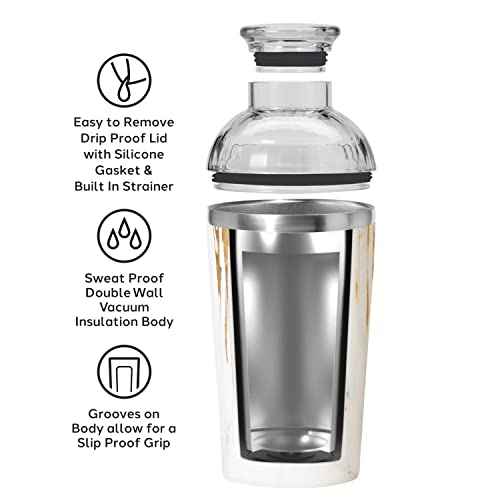 OGGI Groove Insulated Cocktail Shaker-17oz Double Wall Vacuum Insulated Stainless Steel, Tritan Lid has Built In Strainer, Ideal Cocktail Mixer, Martini Shaker, Margarita Shaker, Gold Marble