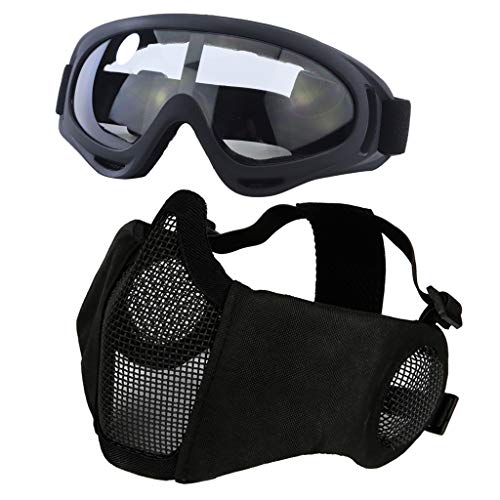 Yzpacc Airsoft Mask with Goggles, Foldable Half Face Airsoft Mesh Mask with Ear Protection for Paintball Shooting Cosplay CS Game