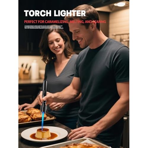 Bright Fire Torch Lighter Butane Refillable, Long Jet Flame Butane Lighter with Long Handle, Adjustable Windproof Lighters for Cooking Fireplace Camping BBQ Lighters Gift for Man (Without Fuel) Black