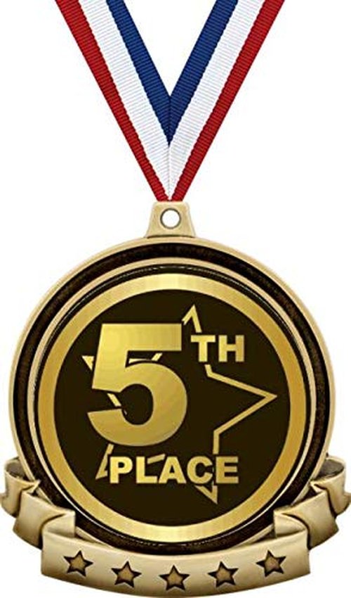 5th Place Medals - 2.5" Gold Fifth Place Medal Award Includes Red White and Blue Neck Ribbon, Great Fifth Place Awards 5 Pack Prime