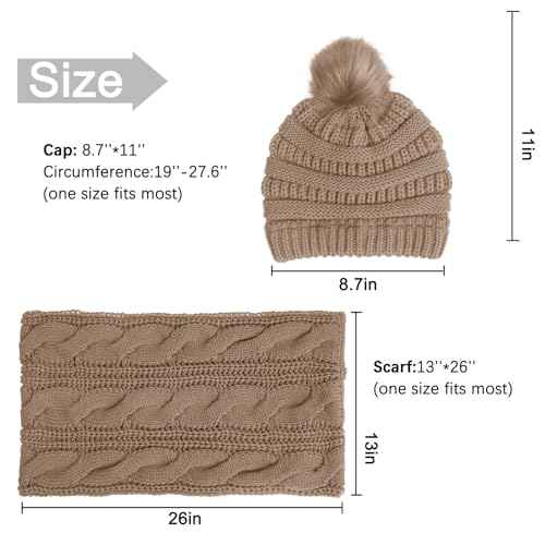 Double Couple Winter Scarf and Hat Set for Women Thick Cable Knitted Circle Loop Infinity Scarfs and Warm Beanie Hat