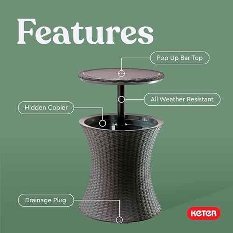 Keter Pacific Cool Bar Outdoor Patio Furniture and Hot Tub Side Table with 7.5 Gallon Beer and Wine Cooler, Espresso Brown