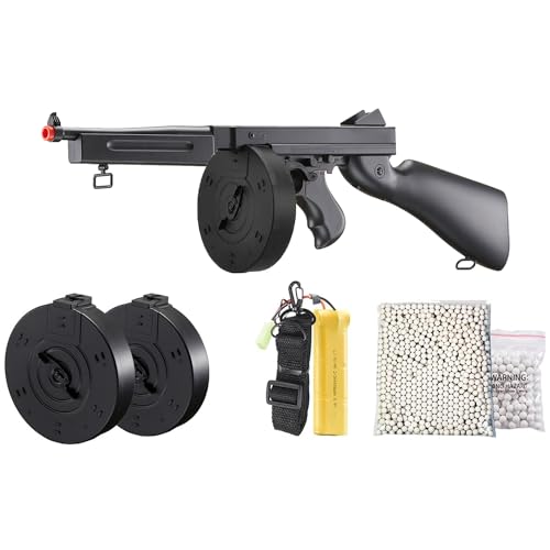 Airsoft Tommy Thompson Submachine Gun WW2 Chicago Typewriter Full Auto Electric SMG AEG with Extra Drum Magazines, Battery and Charger (Black)