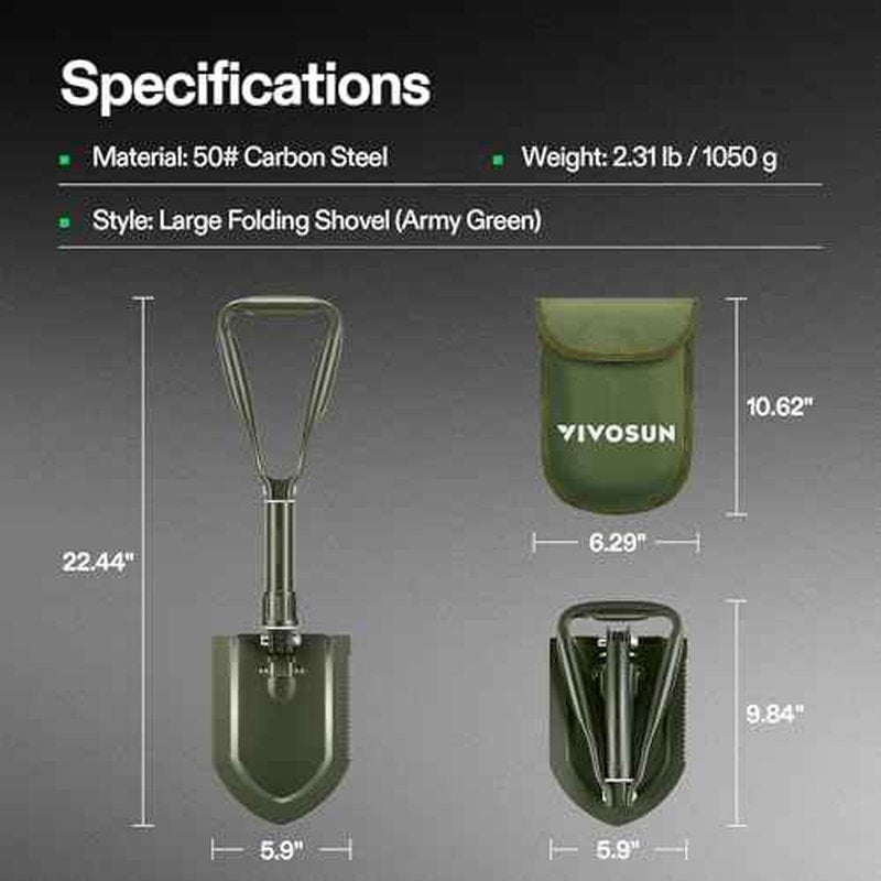 VIVOSUN Folding Survival Shovel, 22'' Camping Shovel, Military Portable Small Shovel with High Carbon Steel, Tactical Entrenching Tool for Hiking, Digging, Backpacking, Gardening, Off Road, Beach