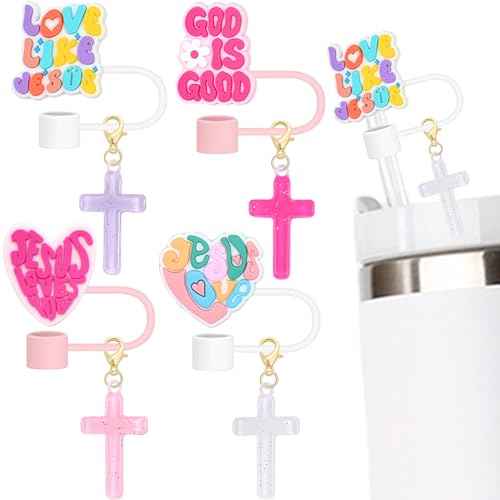 10mm Straw Toppers Set, Pink Jenus Faith Straw Covers Cap with Clip-on Cross Charms for 30oz 40 0z Stanley Tumblers, Cute and Bling Modern Simple Tips Stanley Accessories