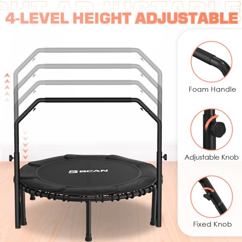 BCAN 450/550 LBS Foldable Mini Trampoline, 40"/48" Fitness Trampoline with Bungees, U/T Shape Adjustable Foam Handle, Stable & Quiet Exercise Rebounder for Kids Adults Indoor/Garden Workout