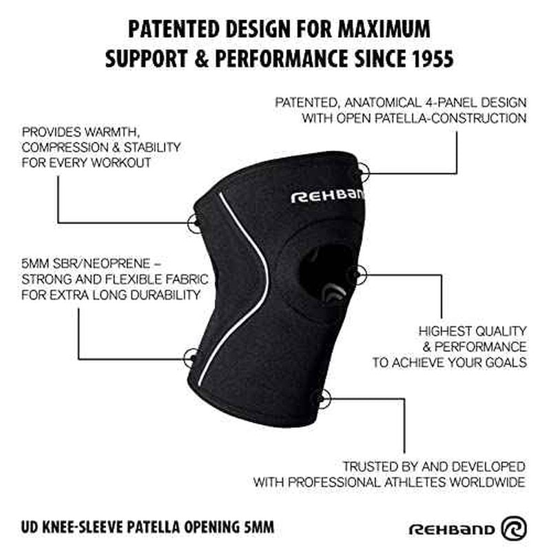 Rehband Open Patella Knee Brace 5mm Neoprene, Supportive Knee Sleeve with Patella Support, Knee Protection for Strength Training, Jogging & Fitness, Colour:Black - 1 Pair, Size:Large