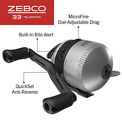 Zebco 33 Spincast Reel and Telescopic Fishing Rod Combo, Extendable 22.5-Inch to 6-Foot E-Glass Fishing Pole, Size 30 Reel, Quickset Anti-Reverse Fishing Reel with Bite Alert, Silver/Black