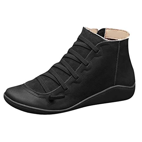 Women's Flat Boots Leather Round Toe Lace-up Shoe Side Zipper Retro Solid Casual Boots Walking Sneakers For Ladies Black, 9.5-10