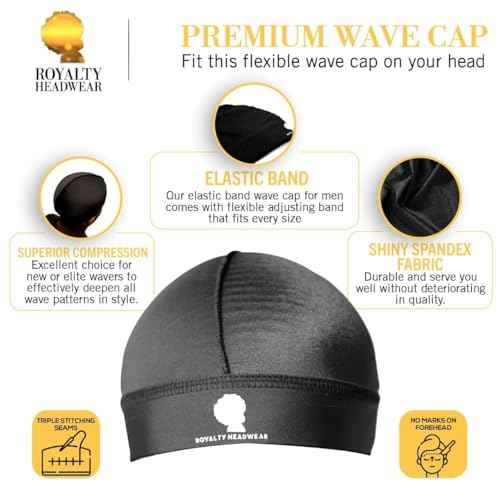 Royalty Headwear Silky Wave Cap for 360, 540 & 720 Waves, Soft Breathable Durag Skull Cap Beanie for Men