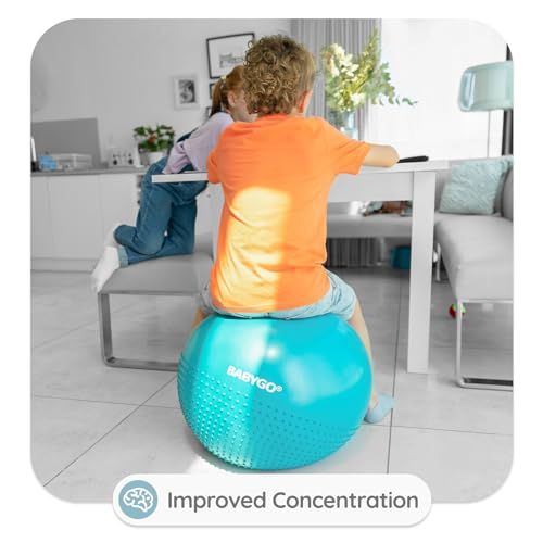 BABYGO® Sensory Exercise Ball | Peanut Ball for Kids | Autism Therapy Calming Development Activities Motor Skills | Exercise Book & Pump Included 45CM,Blue|Orange (Kids Sensory Exercise Ball, Blue)