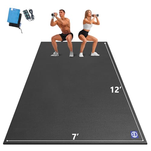 MRO Extra Large Exercise Mat 7' x 12' x 7mm, High-Density Workout Mats for Home Gym Flooring, Non-Slip, Extra Thick Durable Cardio Mat, Ideal for Plyo, MMA, Jump Rope - Shoe Friendly