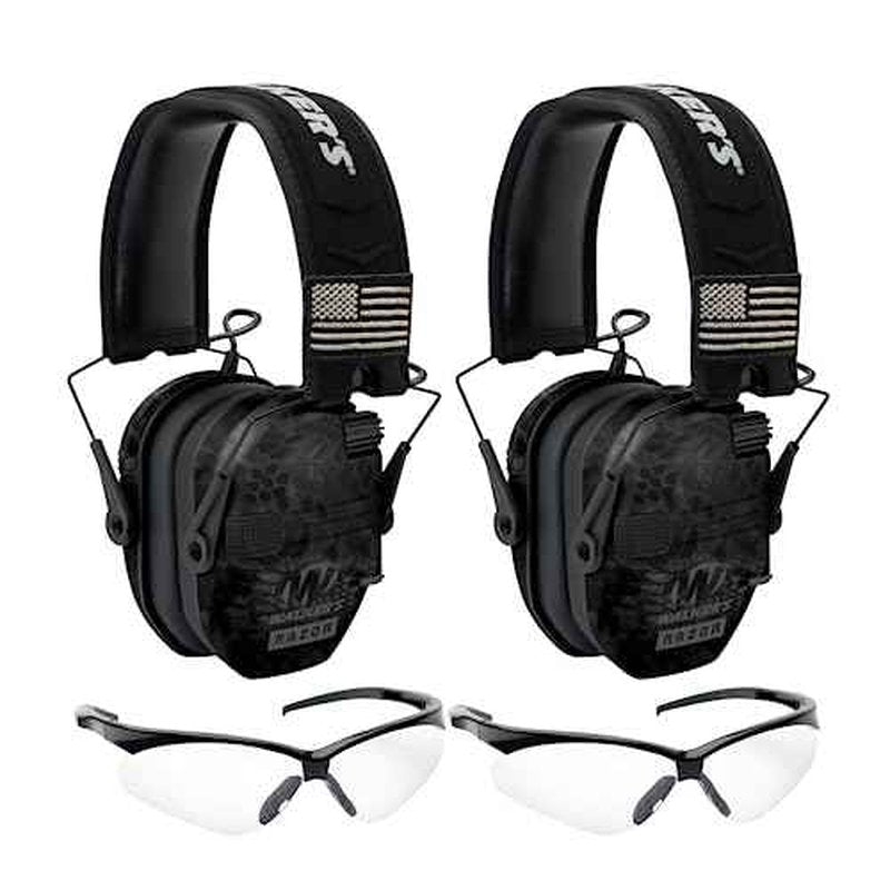 Walker's Razor Patriot Series Hi-Gain Omnidirectional Microphone Adjustable Range Shooting Hunting Hearing Protection Electronic Earmuffs (Kryptek Camo) Bundle with Protective Glasses (2-Pack)