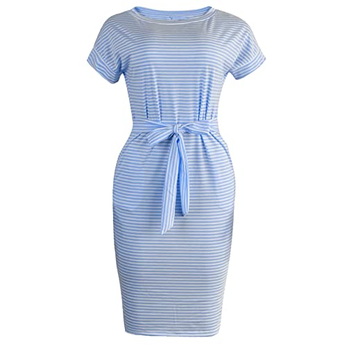 BFAFEN Prime of Day Deals 2024 Summer Dresses for Women 2024 Striped Print Crew Neck Pocket Dress Casual T Shirt Midi Dress Tie Waist Work Dress