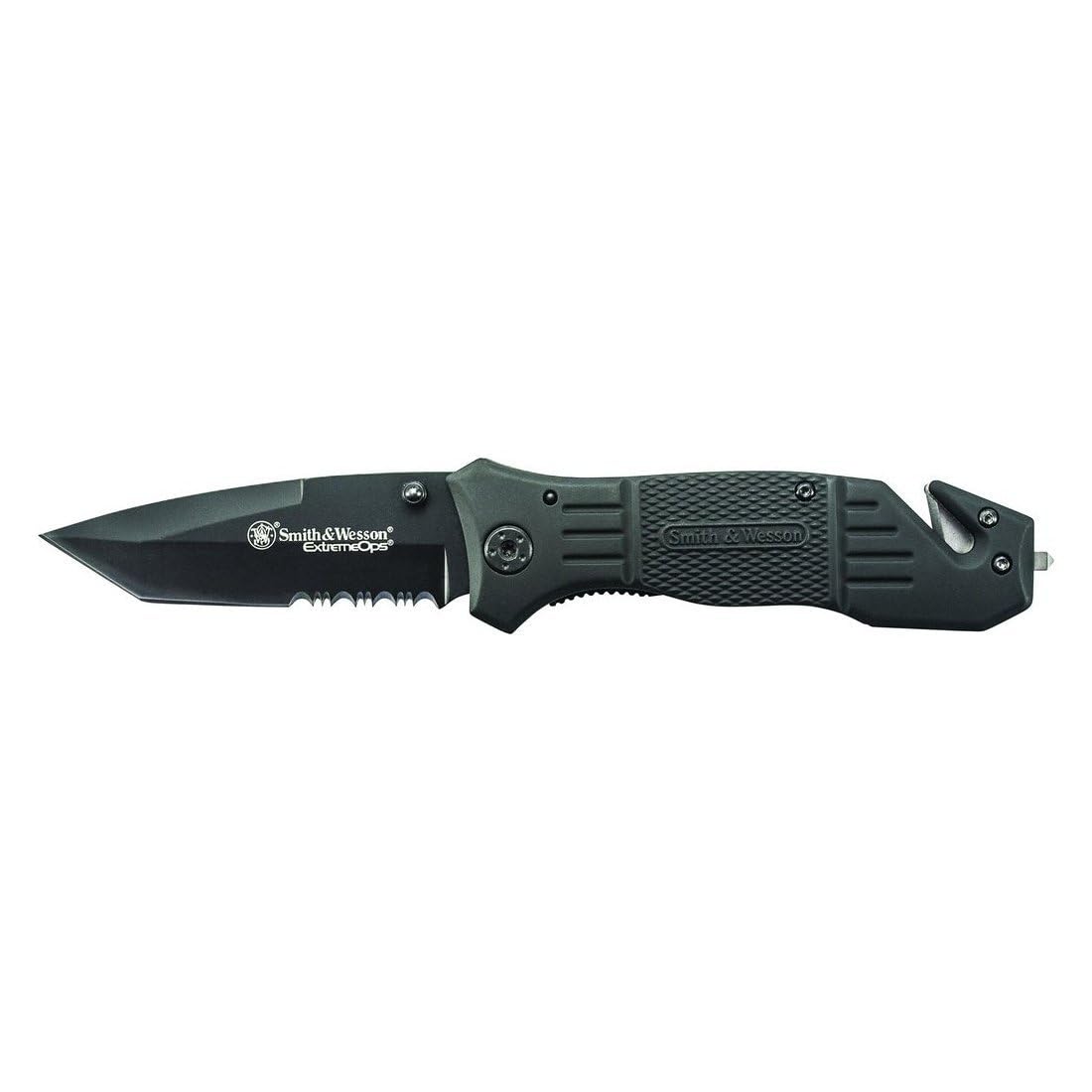 Smith & Wesson SWFR2S 8in High Carbon S.S. Folding Knife with 3.3in Tanto Point Serrated Blade and Aluminum Handle for Outdoor, Tactical, Survival and EDC,Black