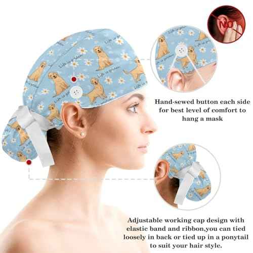 Scrub Caps Women, Surgical Caps with Buttons, Ponytail Nurse Hat, Bouffant Scrub Hats with Hair Scrunchy Adjustable, Dogs Golden Retriever Cartoon Animal Cute Summer Daisy Flower Blue