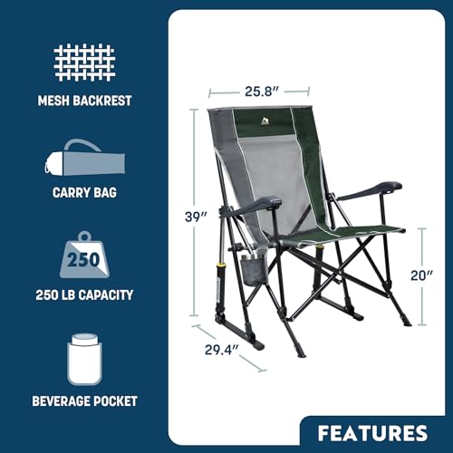 GCI Outdoor RoadTrip Rocker Camping Chair | Portable, Folding Rocking Chair with Solid, Durable Armrests, Drink Holder & Comfortable Extended Backrest — Midnight