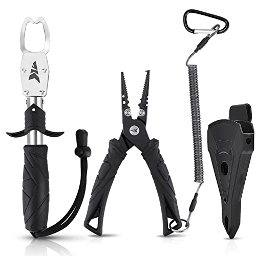 KastKing 7” Fishing Pliers with Fish Lip Gripper, Upgraded Split Ring Plier and Fish Lip Gripper, Black