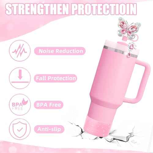 5pcs Pink Stanley Cup Accessories Set, Including Butterfly Straw Topper, Sparkly Silicone Boot, Stoppers Spill Proof, Shiny Charm Fits Stanley 40&30 Oz Tumbler with Handle