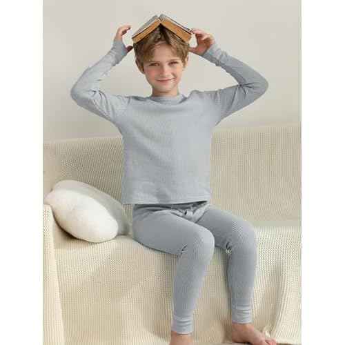 VZV Kids Thermal Underwear Set, Boys Waffle Thermal Underwear Set Long Sleeve Top and Bottom for Skiing, Cold Weather