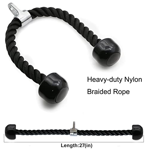 Tricep Rope 27 & 35 inches 2 Colors Fitness Attachment Cable Machine Pulldown Heavy Duty Coated Nylon Rope with Solid Rubber Ends (27'' Black)