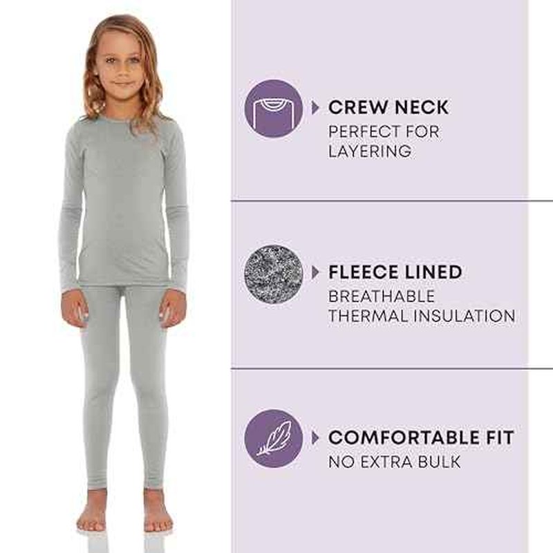 Rocky Thermal Underwear Kids Girls Thermal Underwear Set Toddler Long Johns kid Thermals Kid Base Layer kids thermals top bottom set Winter Clothes Shirt Pants Ski/Extreme Cold (Heather Grey XS Heavy)