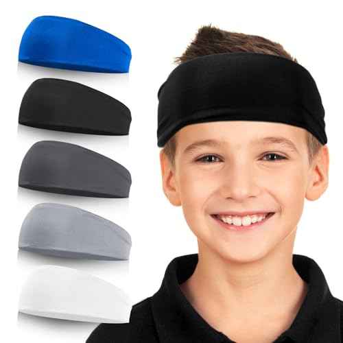 Sports Headbands for Kids, 5 Pack Moisture Wicking Sweatbands for Footable Soccer Baseball Running for Boys and Girls 5-15 Years Old