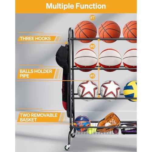 Basketball Rack, Rolling Basketball Shooting Training Stand,Sports Equipment Storage with Wheels, Four-Layer Organizer Holder with Two Basket for Basketballs Footballs Volleyball