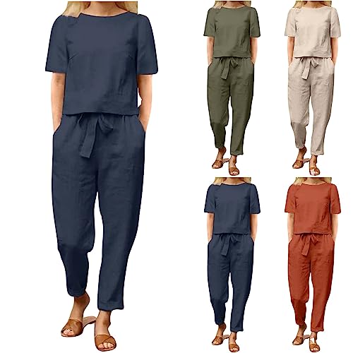 prime wardrobe womens clothing 2 Piece Outfits for Women Summer Cotton Linen Casual Matching Set Short Sleeve T Shirts and Capri Pants with Pockets women apparel Blue L