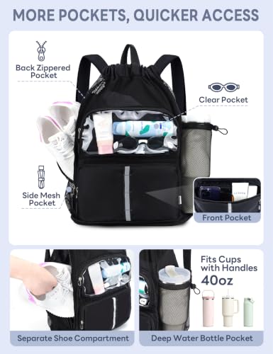 RHDZO Black Drawstring Beach Backpack with Wet Pocket & Shoe Compartment