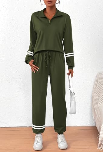 PRETTYGARDEN Women's 2 Piece Tracksuit Sets Striped 1/4 Zip Pullover Tops Long Pants Sweatsuit Outfits (Army Green,Small)