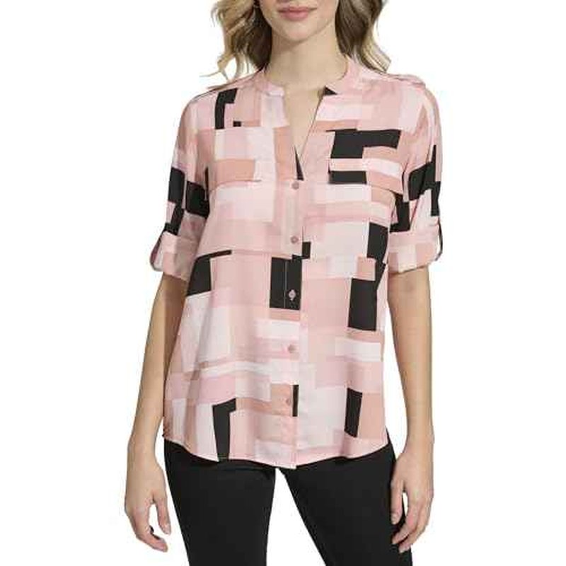 Calvin Klein Womens Printed Roll Tab Sleeve Blouse